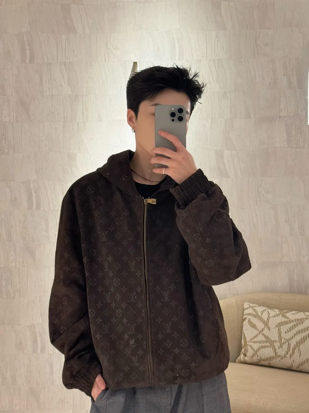 Louis Vuitton/embossed suede leather hooded jacket